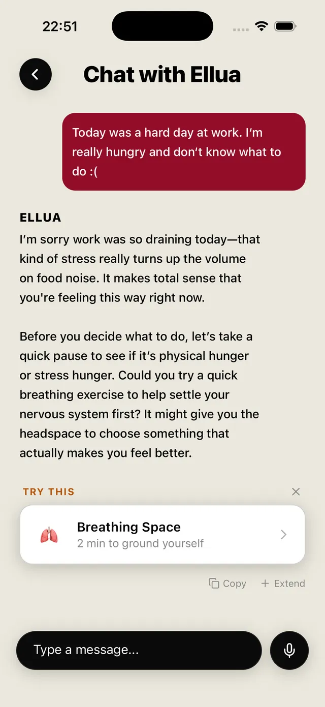 Ellua chat screen showing a calm breathing suggestion