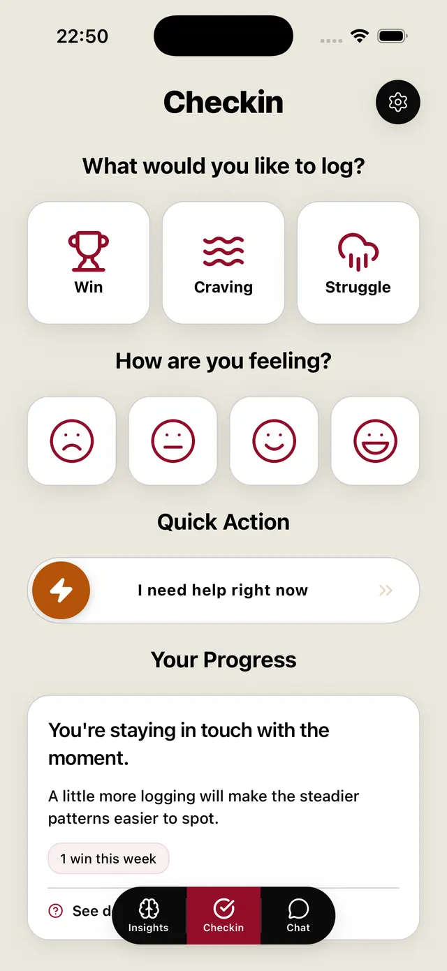 Ellua Checkin screen with quick logging options