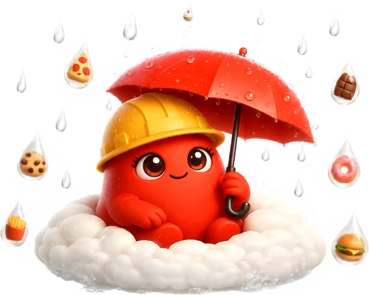 Ellua companion holding an umbrella under falling food cues